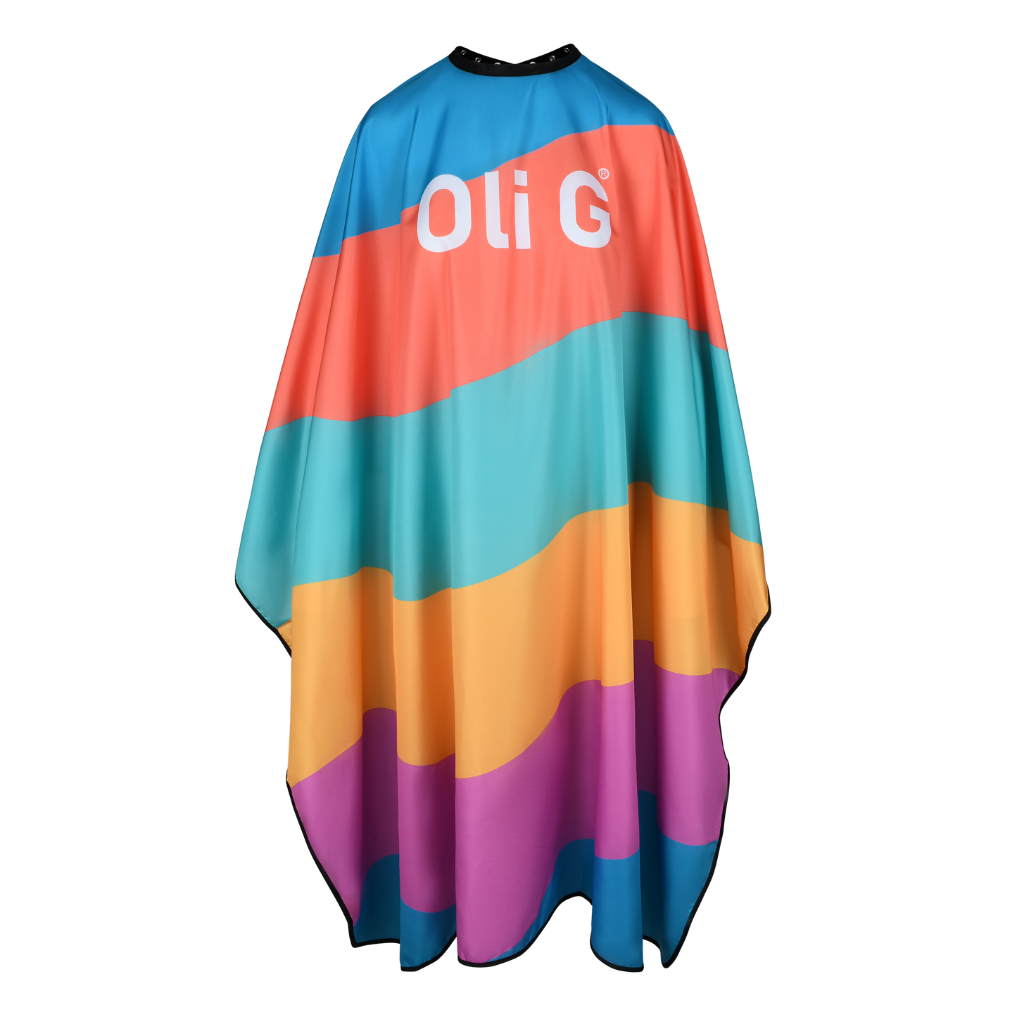 A professional cutting cape with colorful geometric pattern, featuring the brand logo 'Oli G' prominently displayed.