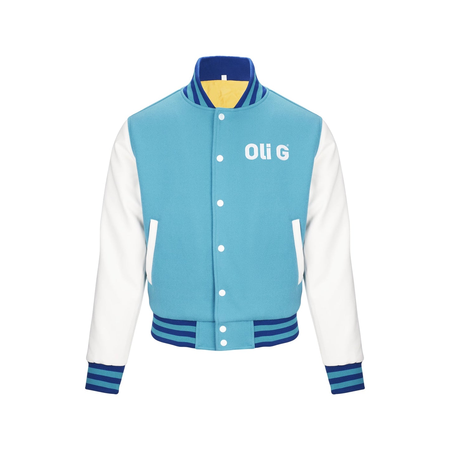 Oli G Varsity Jacket — teal with white sleeves, front view