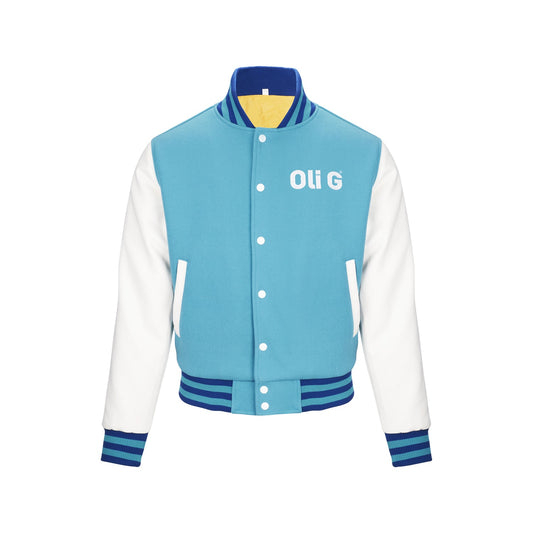 Oli G Varsity Jacket — teal with white sleeves, front view